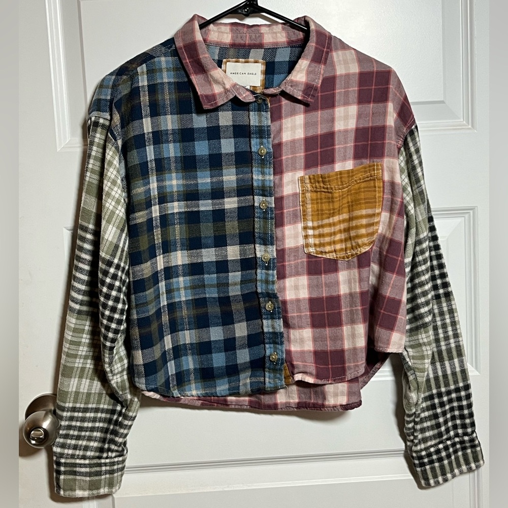 American Eagle Patchwork Plaid Cropped Lightweigh… - image 1